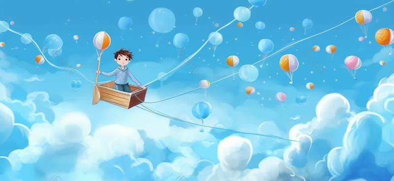 儿童节蓝天白云小孩子手牵气球蓝色背景插画手绘图,插画/手绘图,插画/手绘图库,插画/手绘图下载,插画/手绘